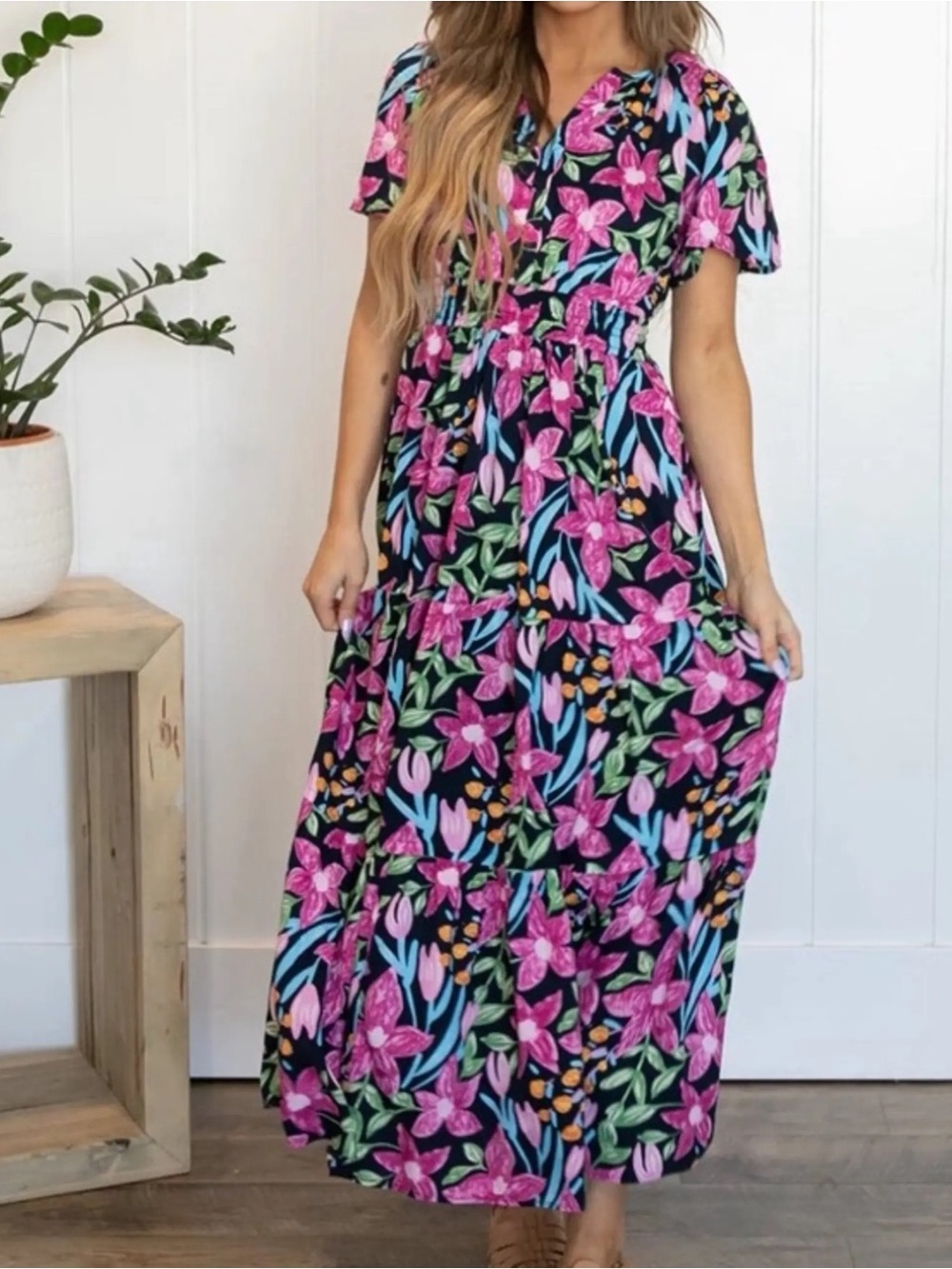 NWOT Polagram Floral Blouse in Navy, Pink & Green